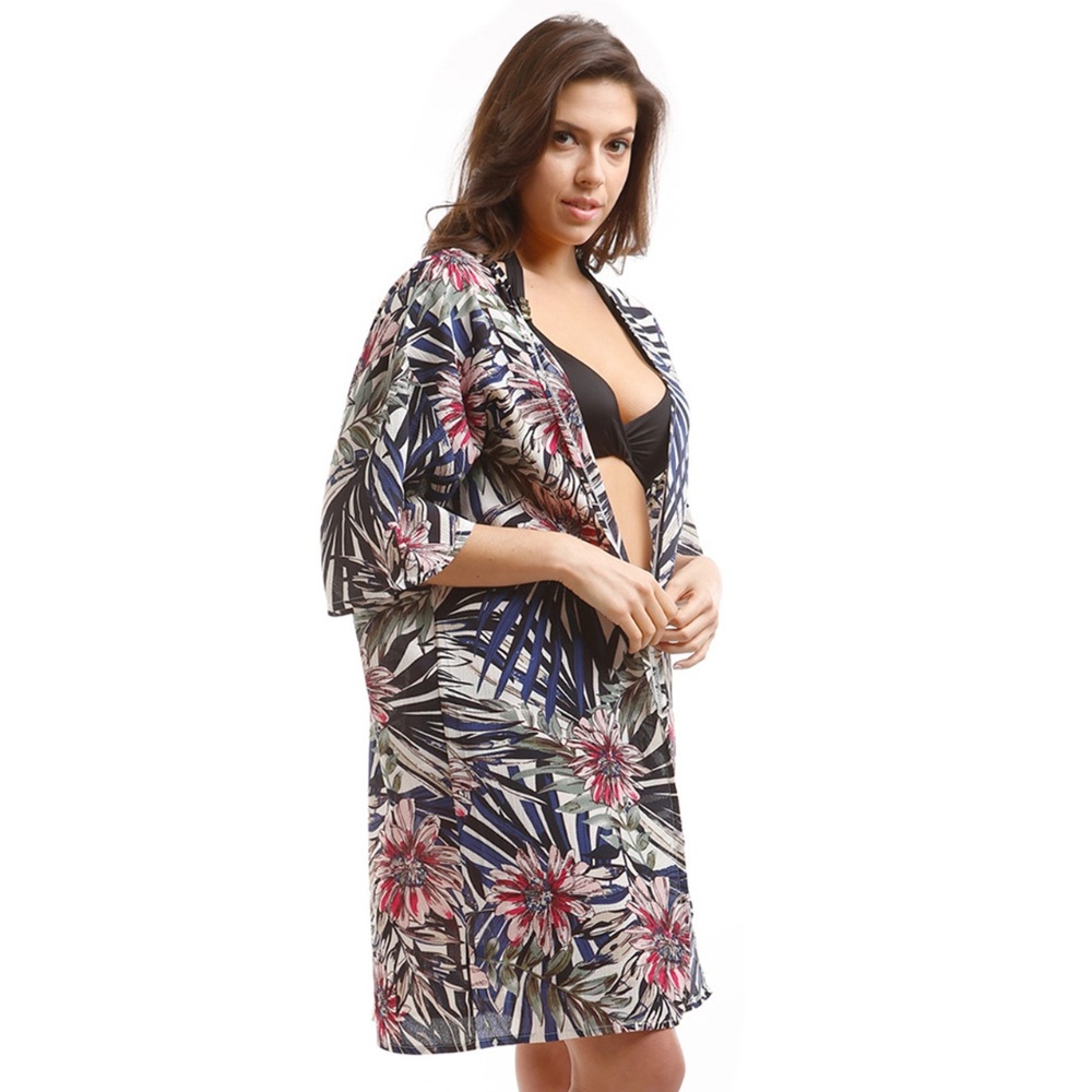 LOF Elegant Tropical Print Short Sleeve Kimono